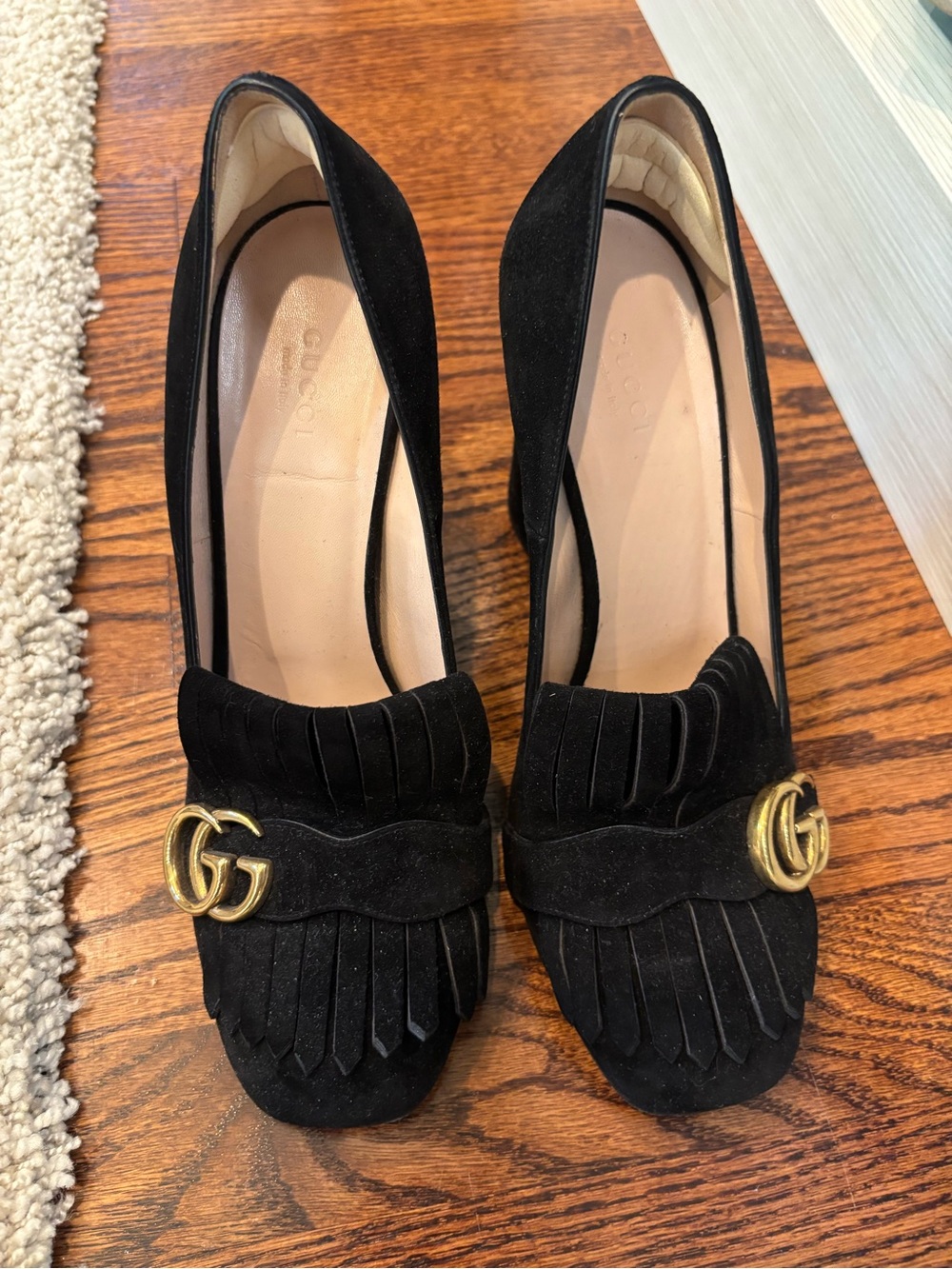 Gucci Black Suede Heels with Gold Double G Tassel Detail